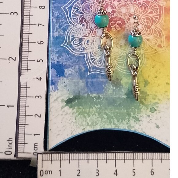 GODDESS EARRINGS,  Magnesite Turquoise, Silvery Bali-Type Accents - Picture 5 of 7